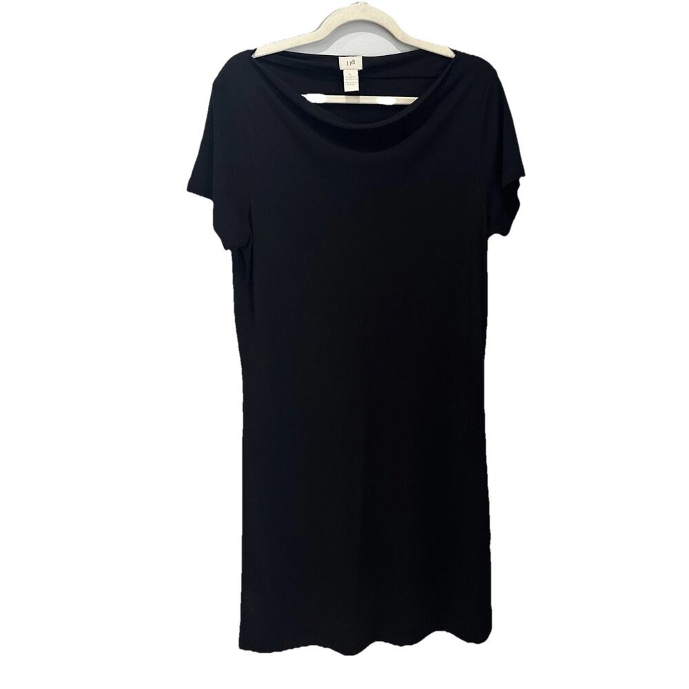 J‎ Jill Women’s Large Black Cowl Neck Short Sleeve Slinky Dress Work Staple EUC